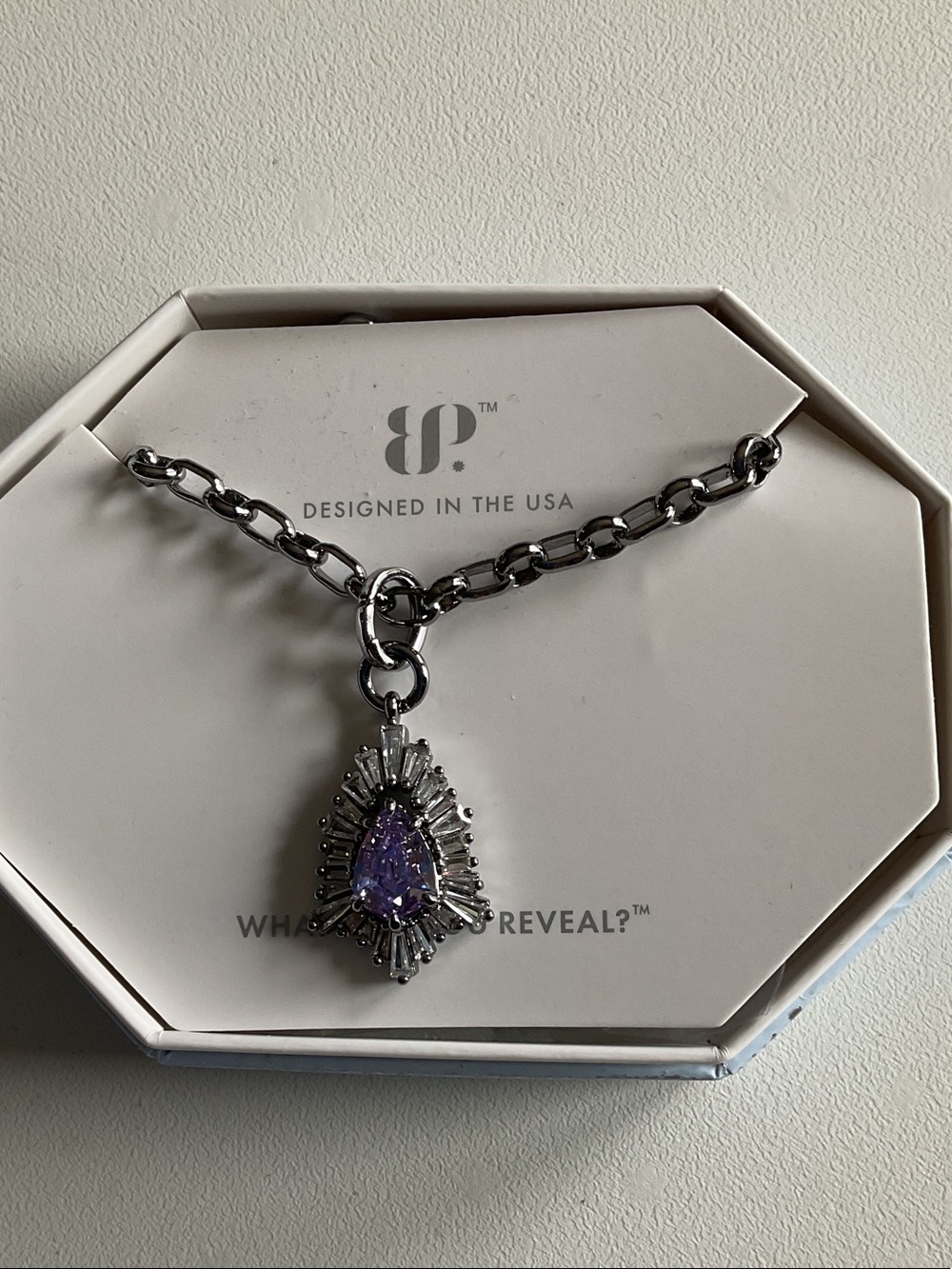 bp Silver-Tone Necklace with Purple Teardrop Pendant